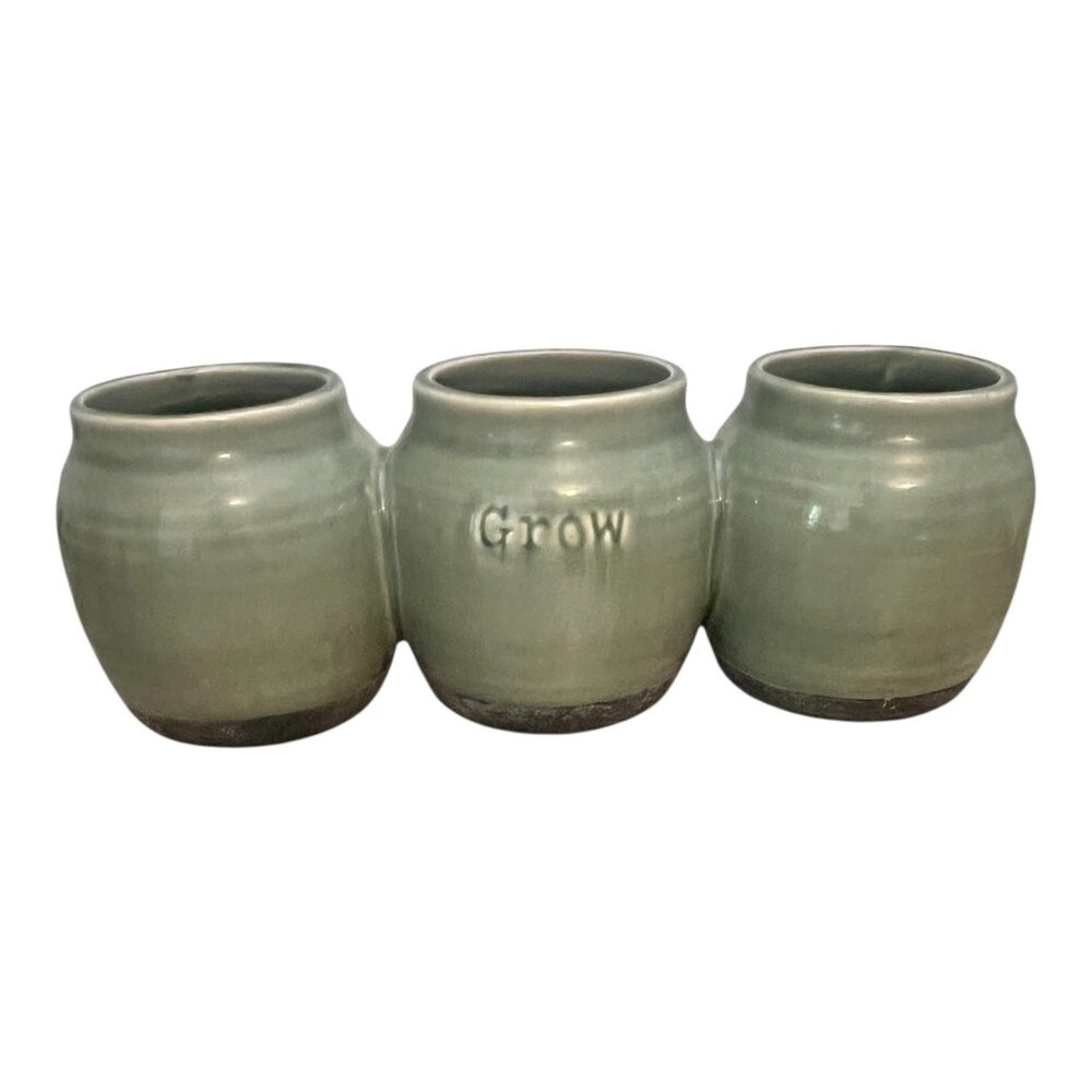Mud Pie 3 Pot Herb Planter Ceramic 10.5 Inch Long Green